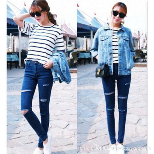 Cortar la cintura apretada era de mezclilla delgada pantalones lápiz pies pantalones vaqueros de las mujeres jeans